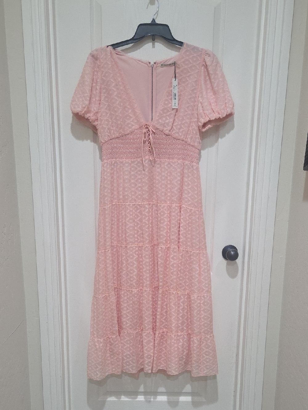 Alice + Olivia Blush Pink Tie-Front Smocked Maxi Dress- Size 12 NWT
